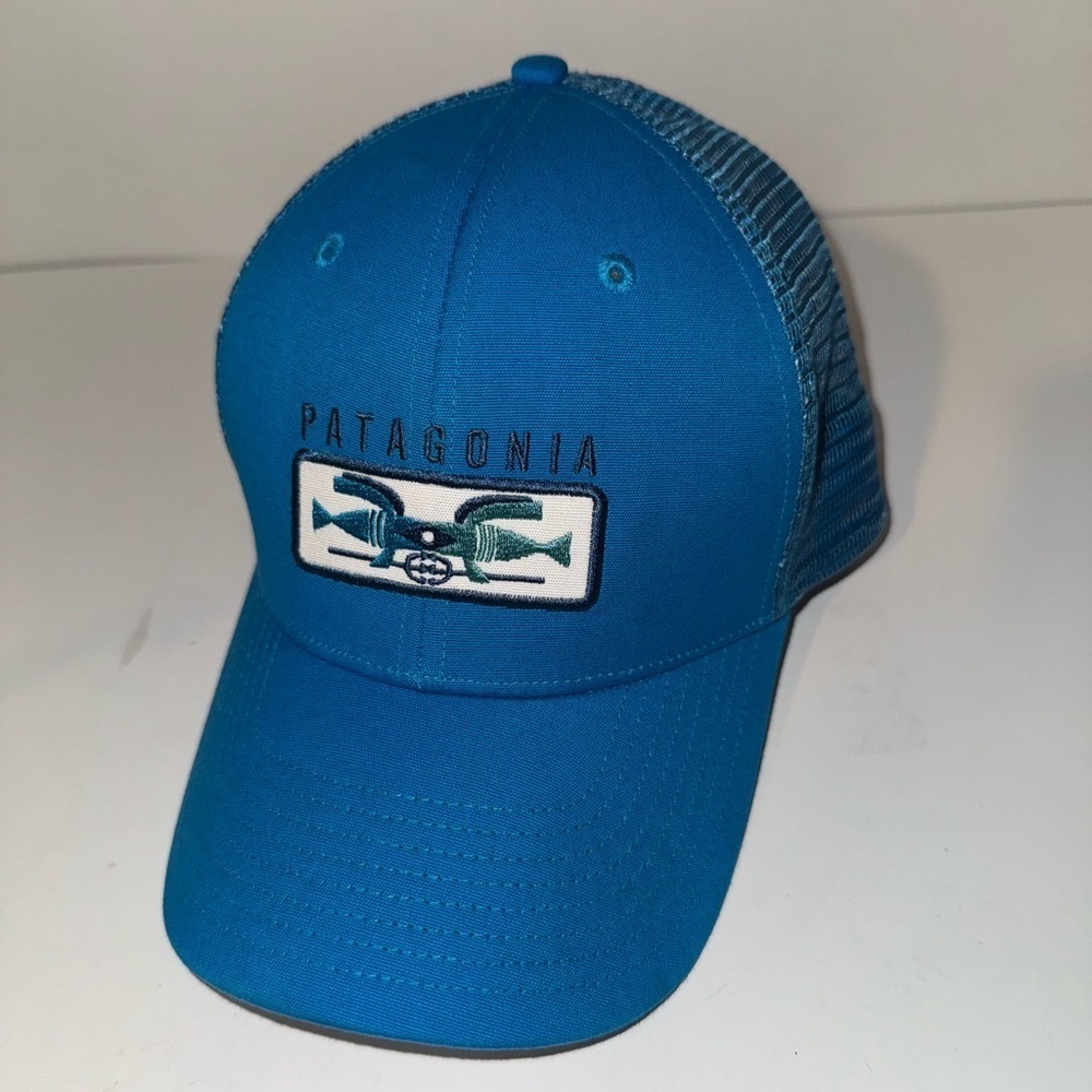 Patagonia Blue Trident Fish Organic Cotton Mesh Back Trucker Gorpcore Snap Hat